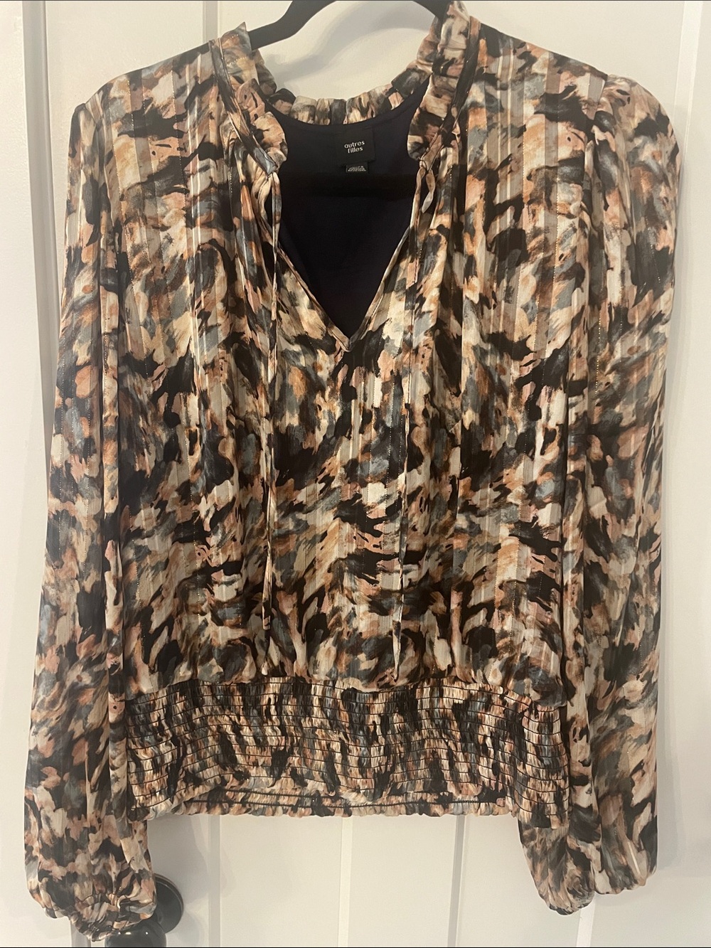 Abstract Print Long-Sleeve Blouse - Navy, Tan & Cream